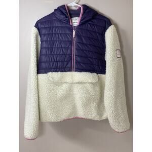 Ivory Ella Pullover Women's SMALL Cream Purple 1/2 Zip Hood Sherpa Puffer Jacket